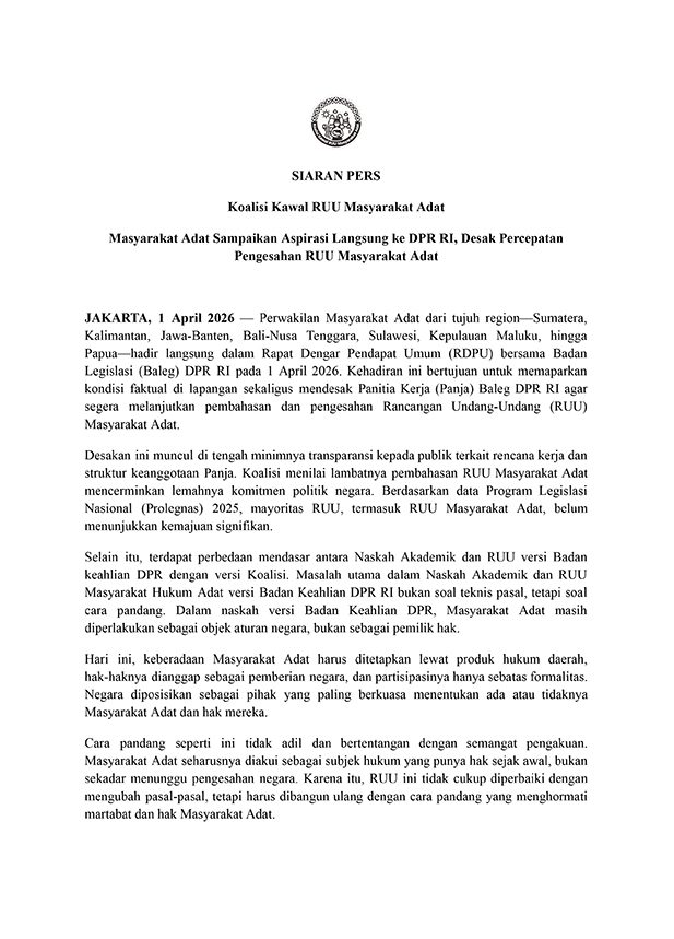Siaran Pers Koalisi Kawal RUU MA - Masyarakat Adat Sampaikan Aspirasi Langsung ke DPR RI, Desak Percepatan Pengesahan RUU Masyarakat Adat